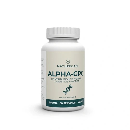 Opakowanie suplementu Naturecan Alpha-GPC 600 mg – wsparcie funkcji poznawczych, 60 porcji, produkt wegański.