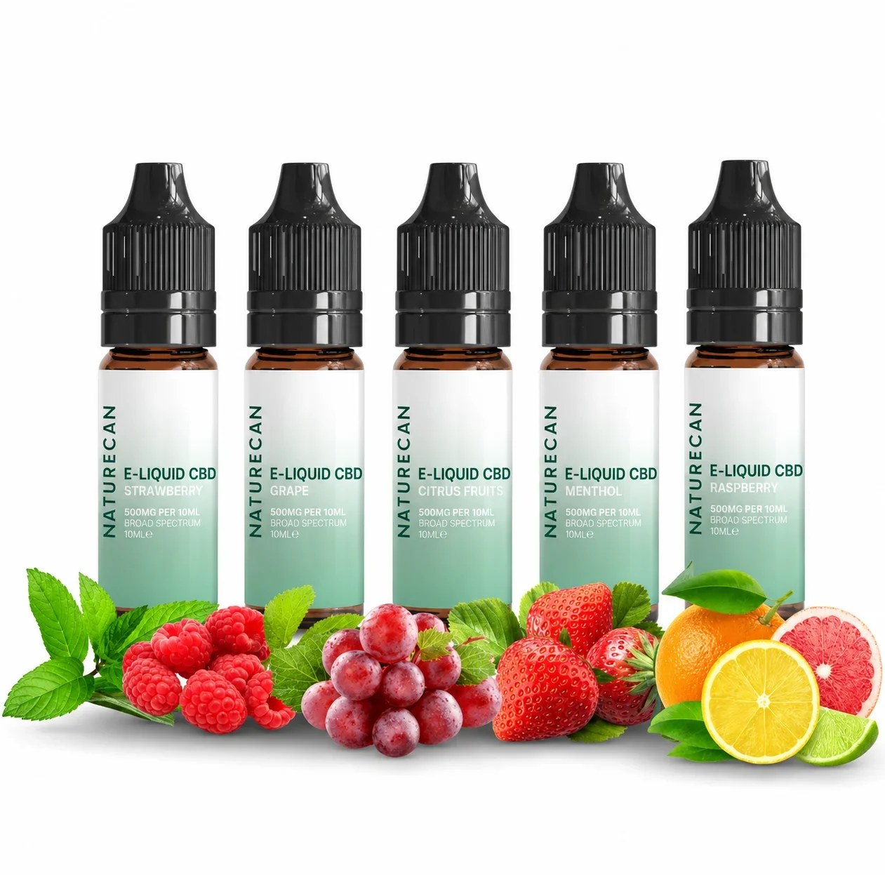 Zestaw pięciu e-płynów CBD Naturecan w różnych smakach z owocami na białym tle