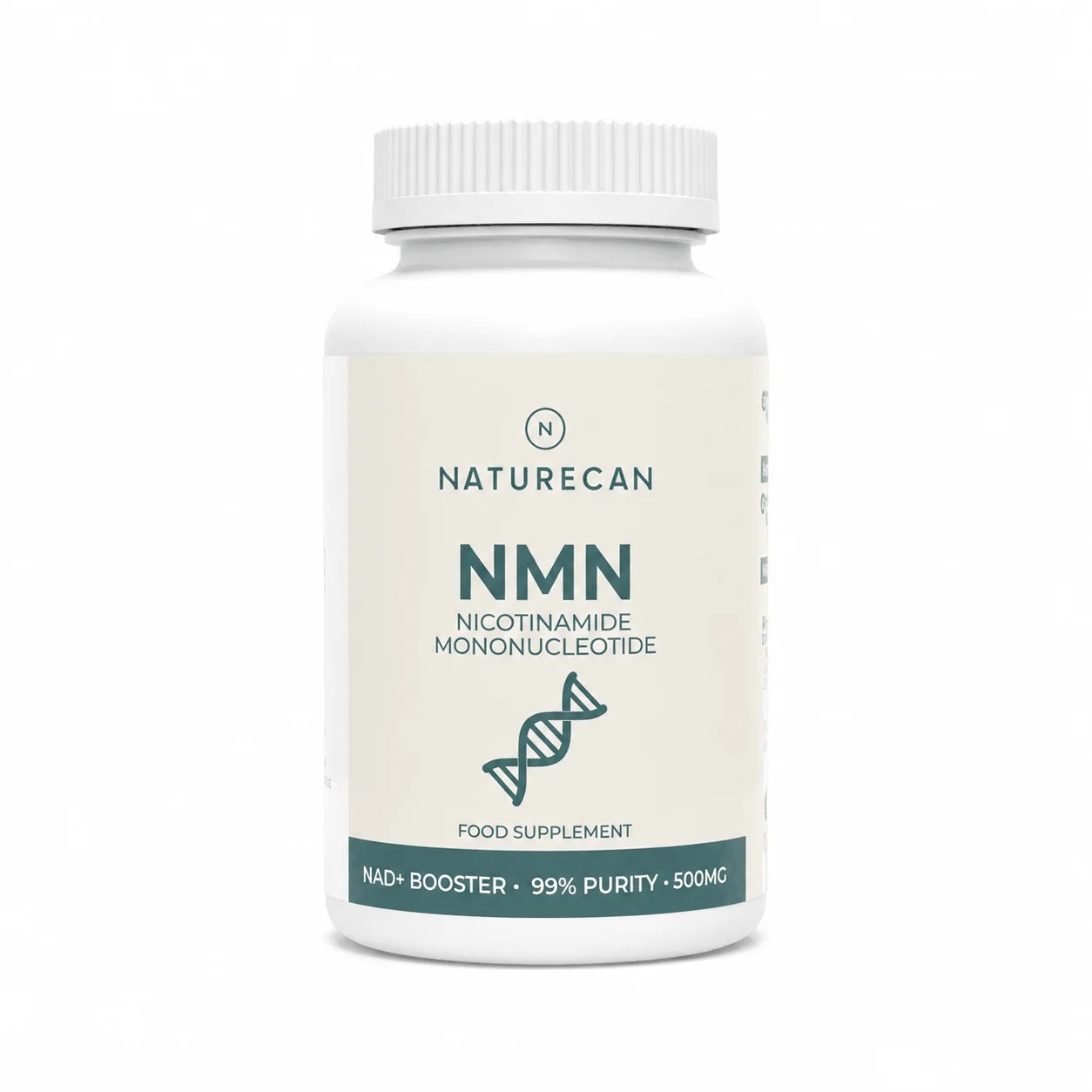 Butelka suplementu Naturecan NMN 500 mg – czyste NMN o 99% czystości, front etykiety.