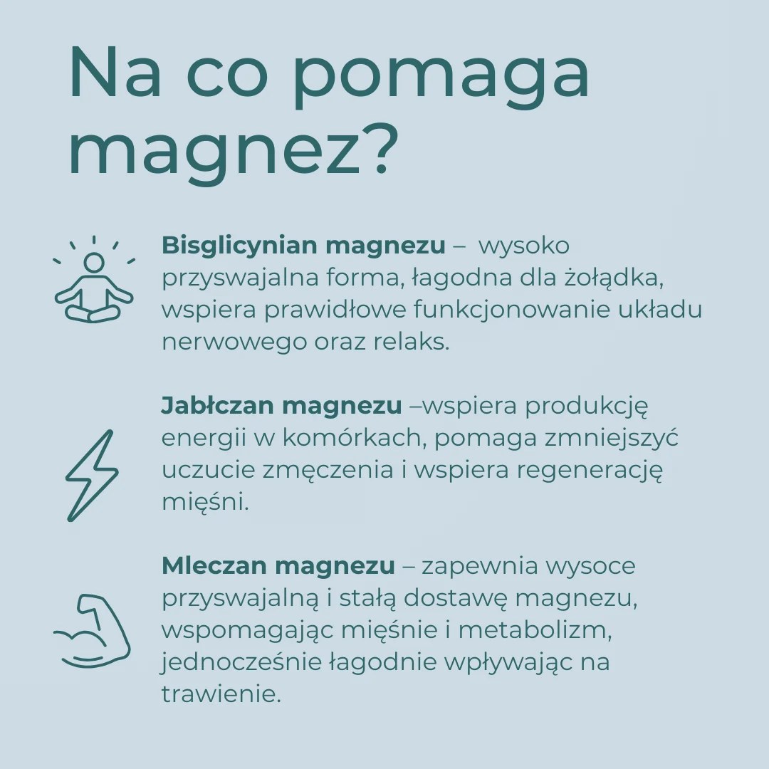 Rodzaje magnezu w suplemencie Naturecan – bisglicynian magnezu, jabłczan magnezu i mleczan magnezu oraz ich działanie