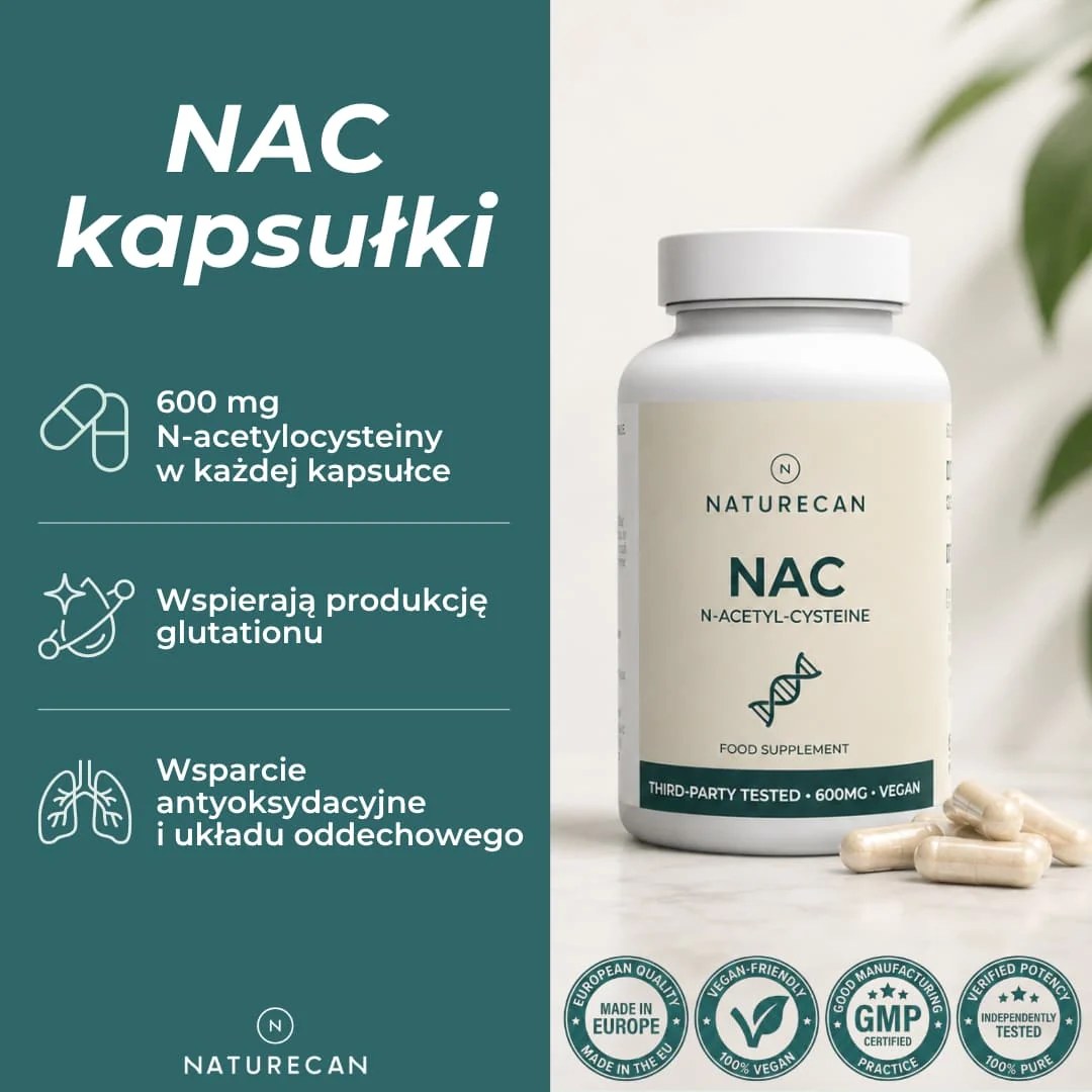 Kapsułki NAC Naturecan z 600 mg N-acetylocysteiny w każdej kapsułce