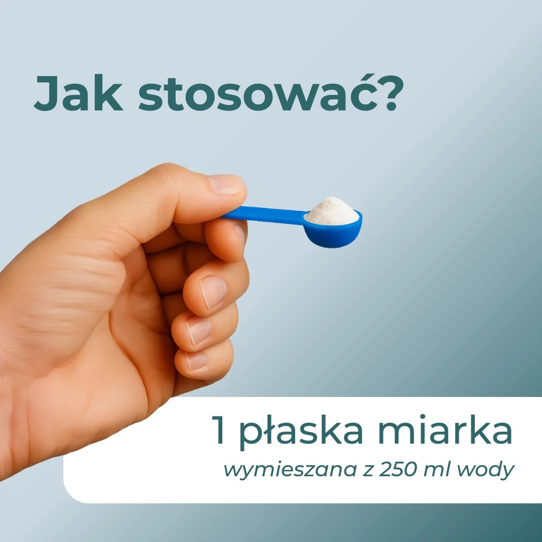 Jak stosować potrójny magnez w proszku – jedna miarka suplementu rozpuszczona w 250 ml wody lub koktajlu