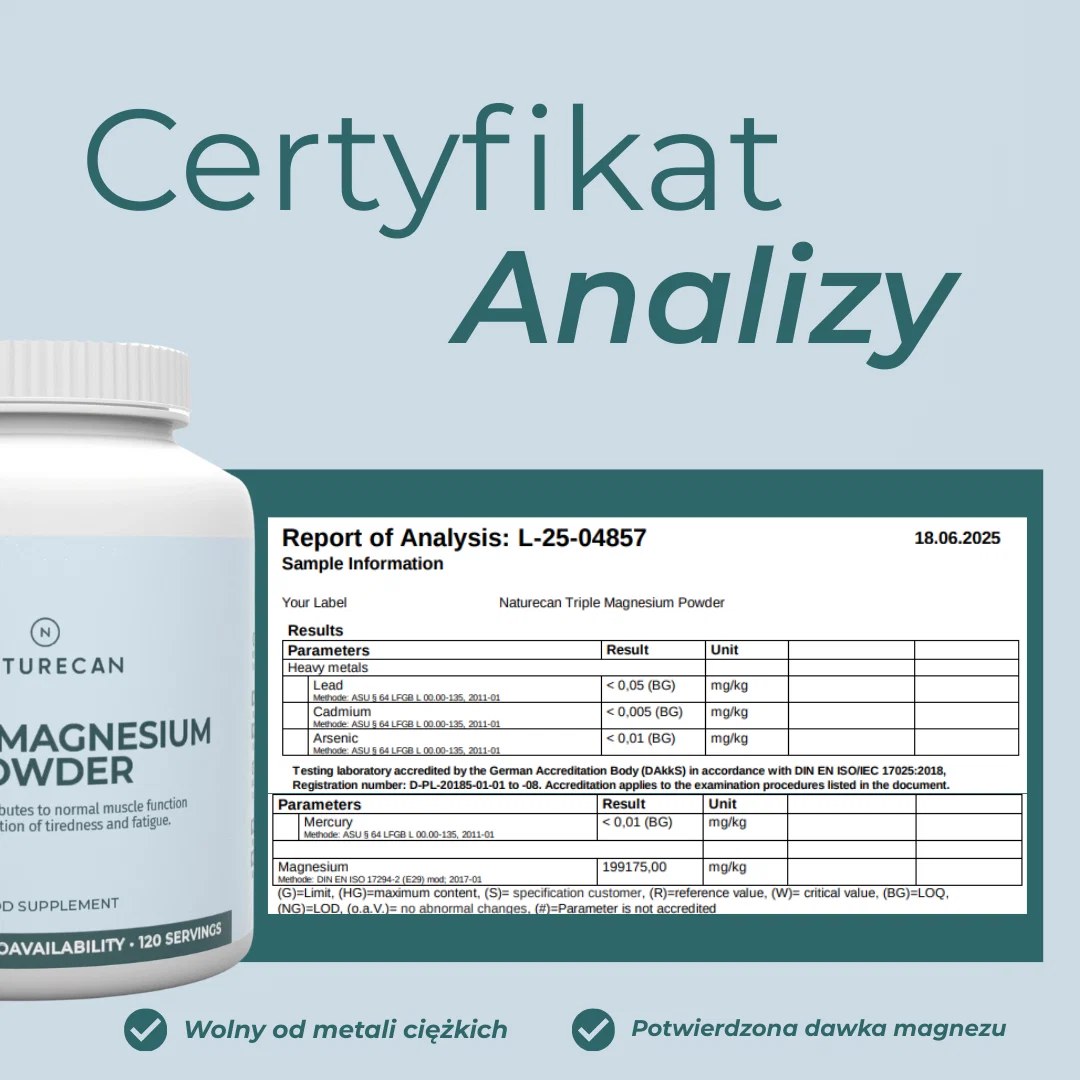 Certyfikat analizy suplementu Naturecan Triple Magnesium – potwierdzona dawka magnezu i brak metali ciężkich