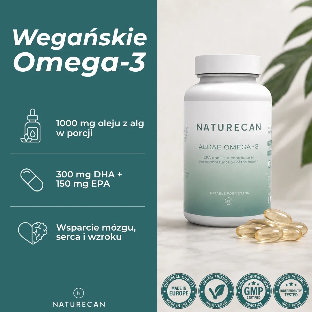 Wegańskie Omega-3 Naturecan z oleju z alg – 1000 mg oleju z alg, 300 mg DHA i 150 mg EPA w dziennej porcji